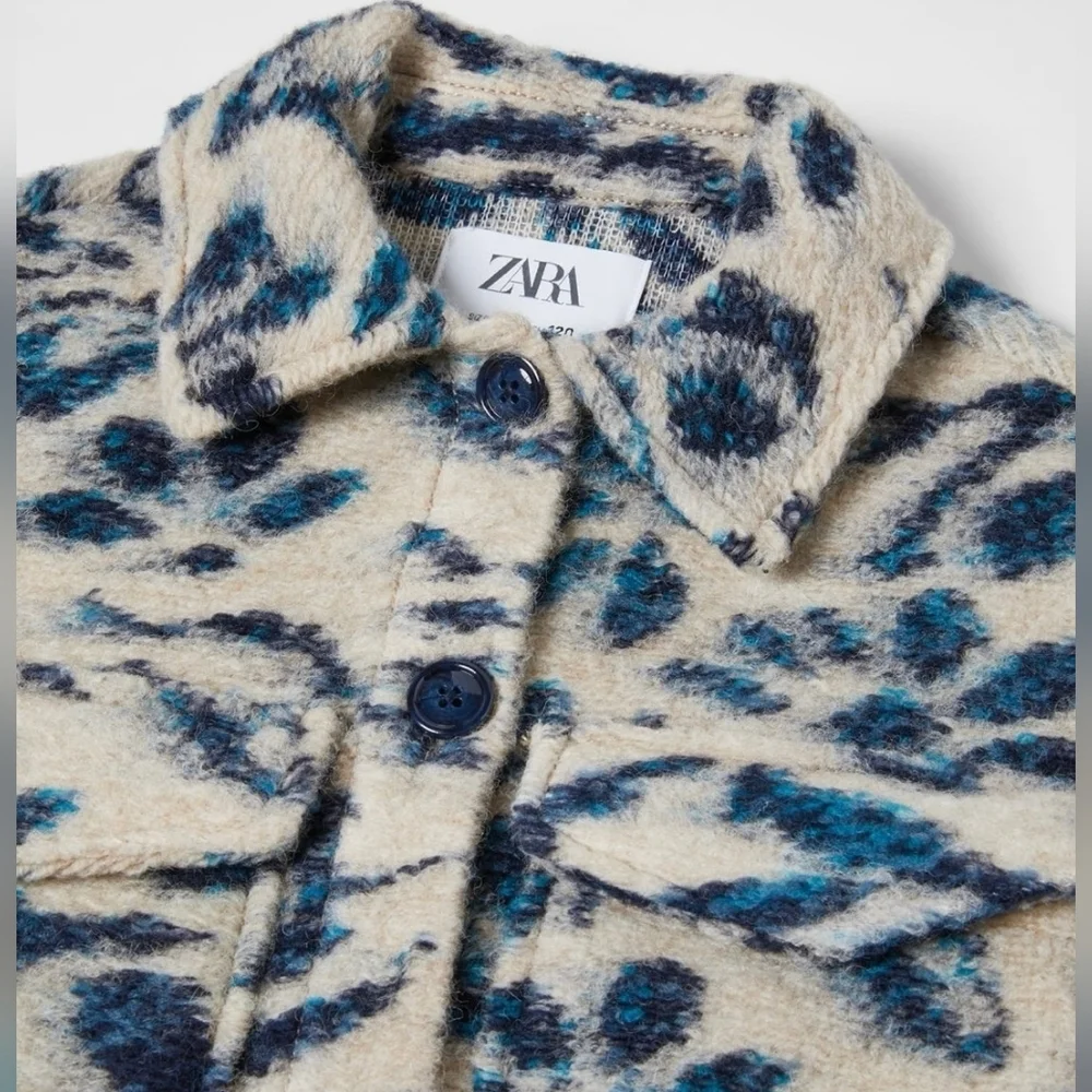 Zara Wool Blend Blue And Cream Structured Floral Overshirt Shacket Size 11 / 12